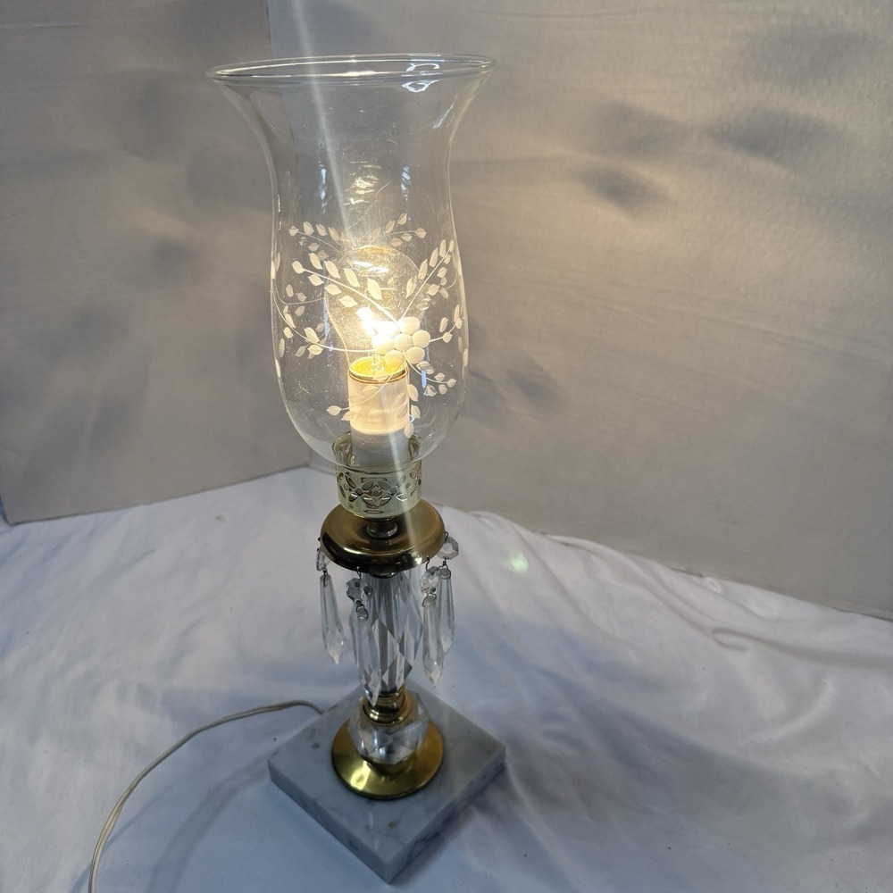 Vintage 17" Brass Marble Dangling Crystal Boudoir Hollywood Regency Etched Lamp